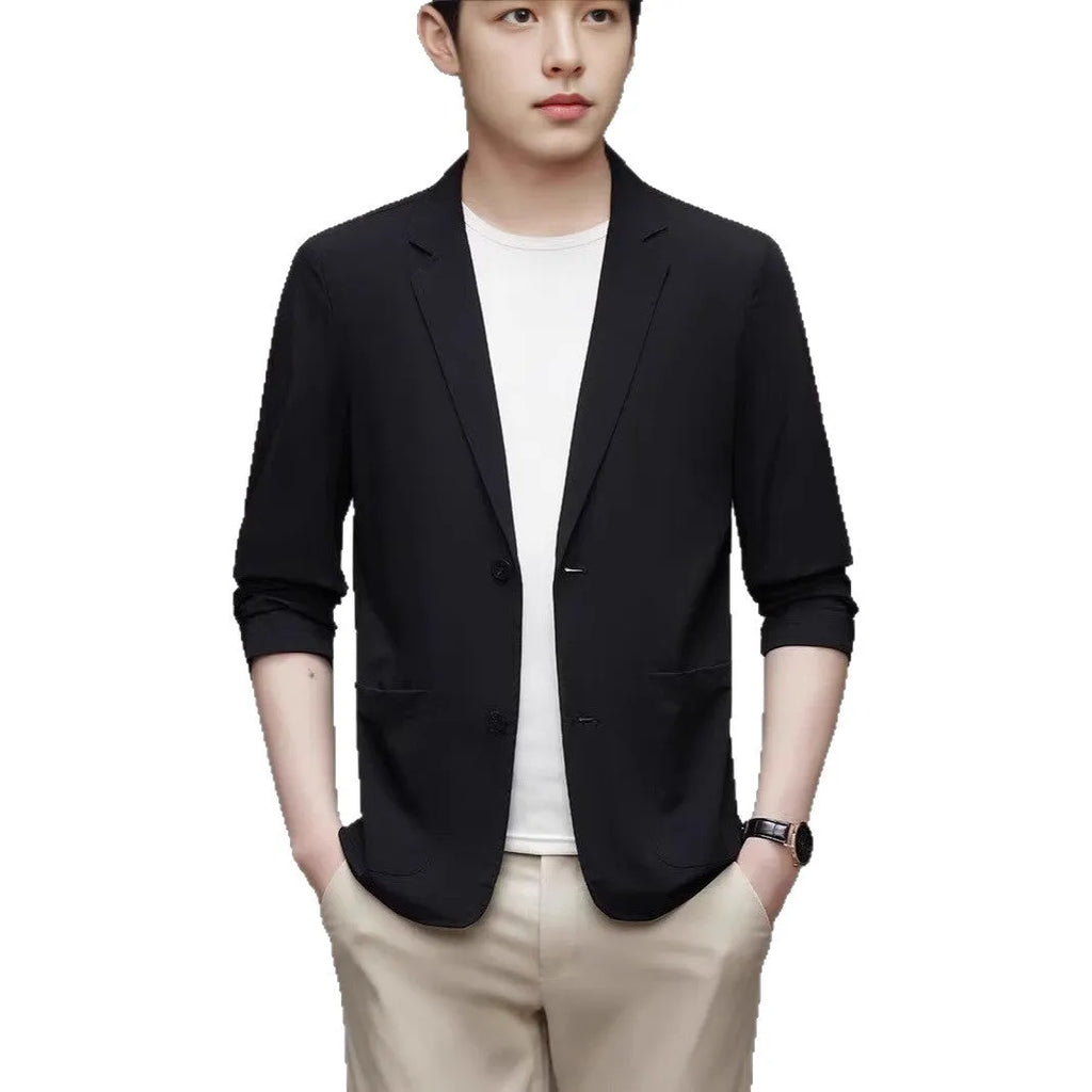 Ice silk men's lightweight casual stretch suit jacket in black with non-iron polyester fabric