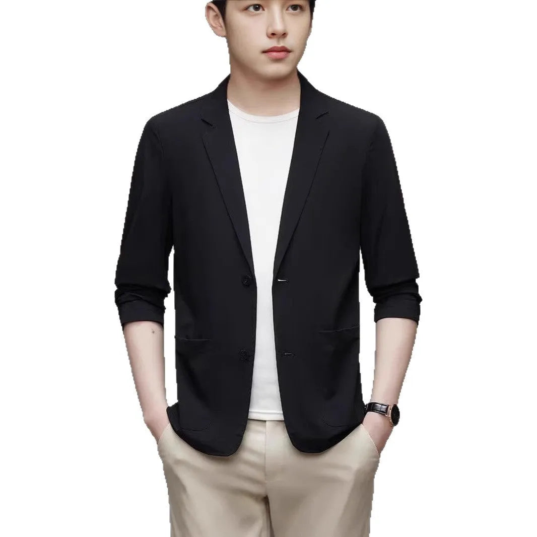 Ice silk men's lightweight casual stretch suit jacket in black with non-iron polyester fabric