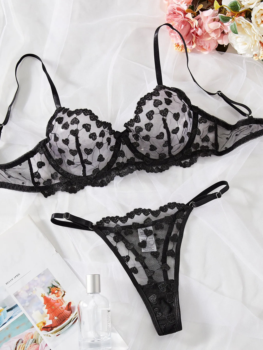 Women's two-piece mesh suit in black and red for romantic themed events