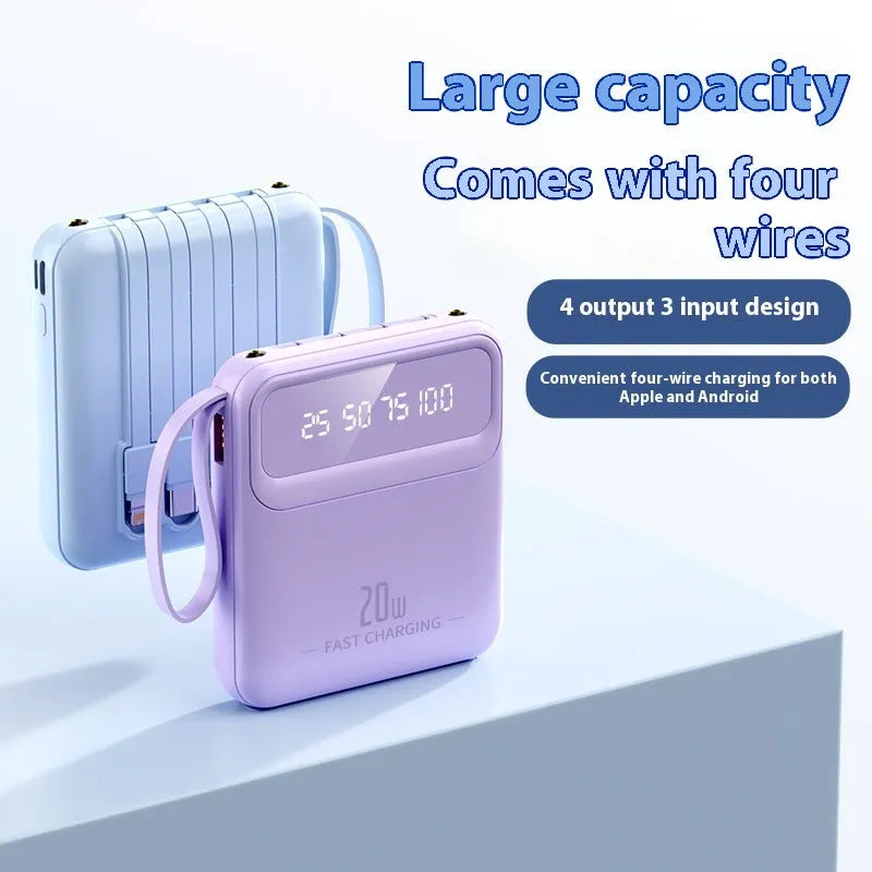 Mini power bank with four built-in cables and digital display in beige colour