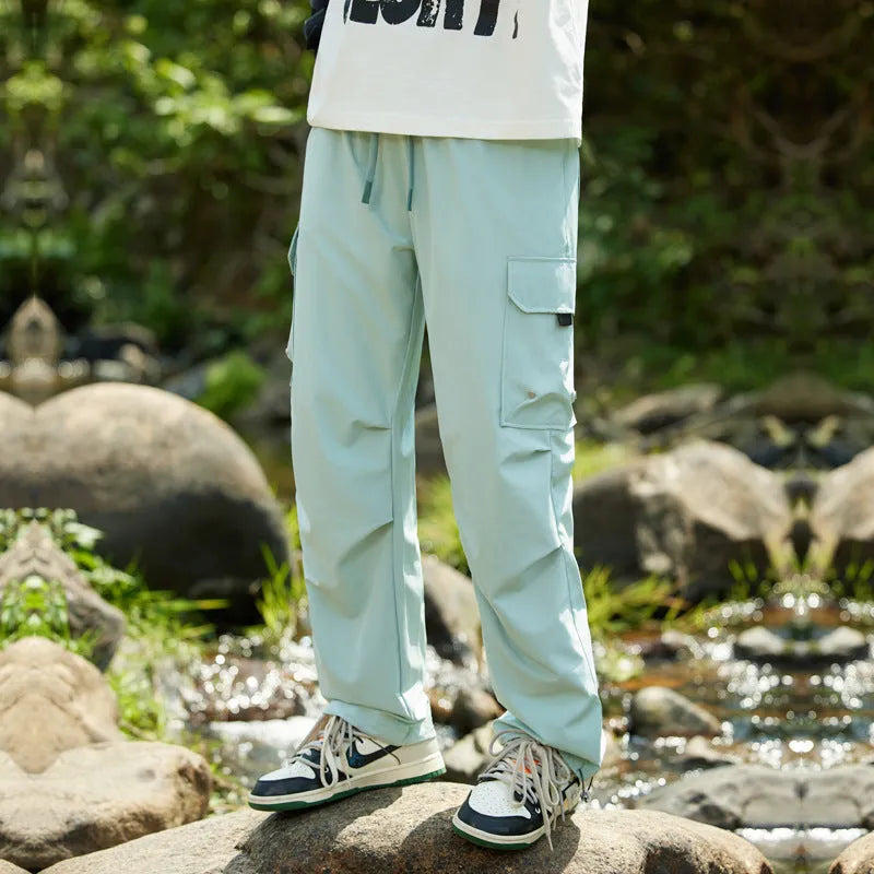 Rush men's summer quick-drying polyester cropped casual pants in khaki colour, front view