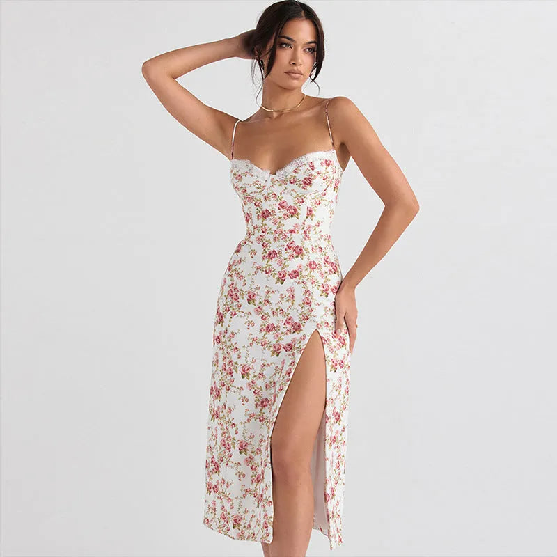 Blue lace flowers print long dress with suspender straps and a high thigh slit.