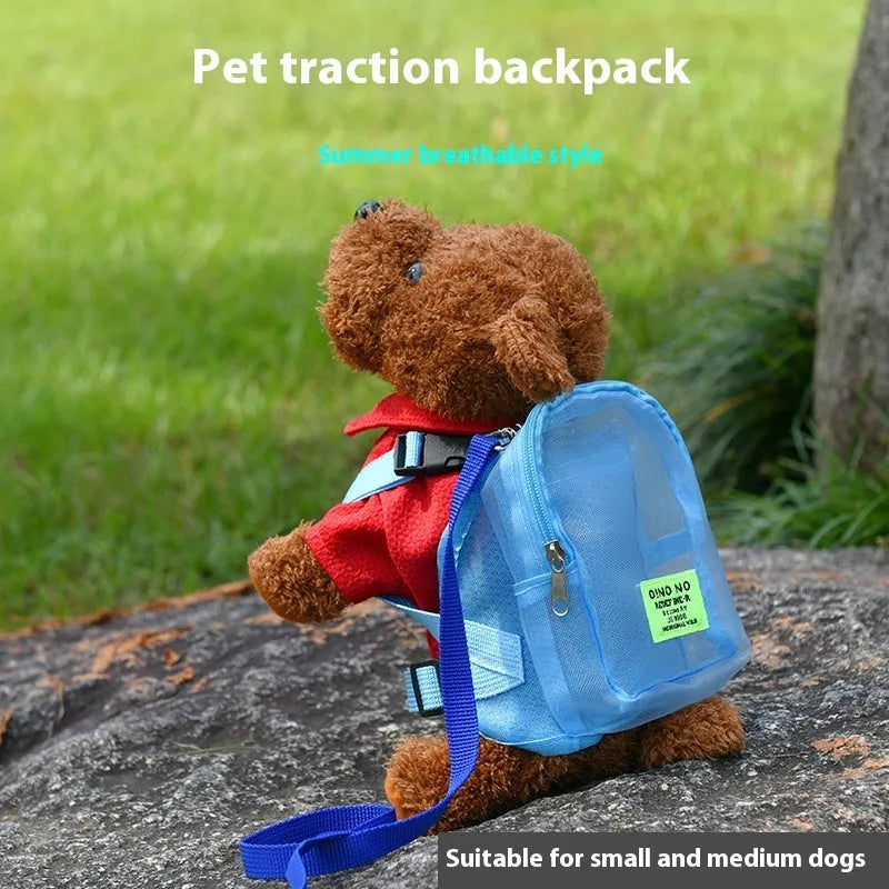 Breathable polyester dog backpack in blue with simple storage compartment for pet travel and walking