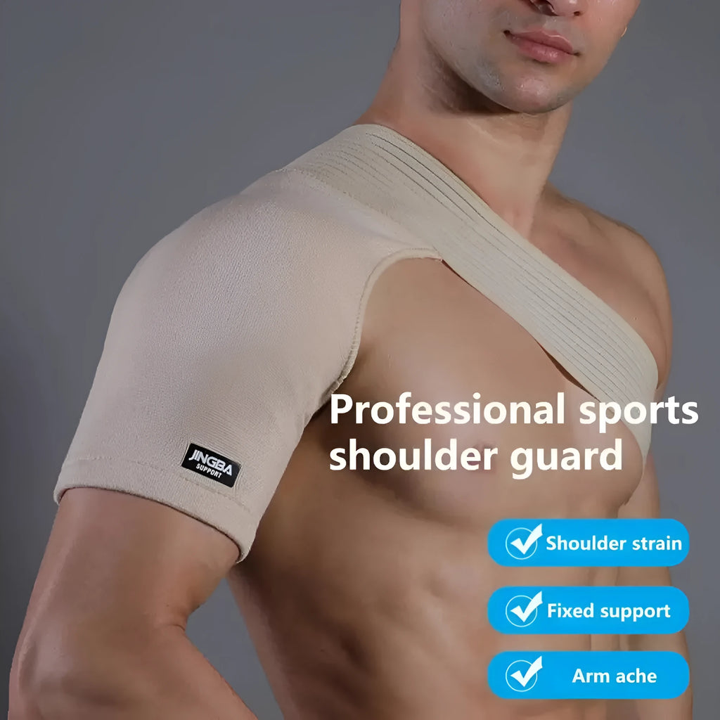 Adjustable skin-coloured sports protective strap for shoulder support in multiple activities.