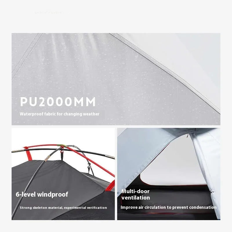 Quick-open blue and white camping tent for two people with FRP poles and polyester base