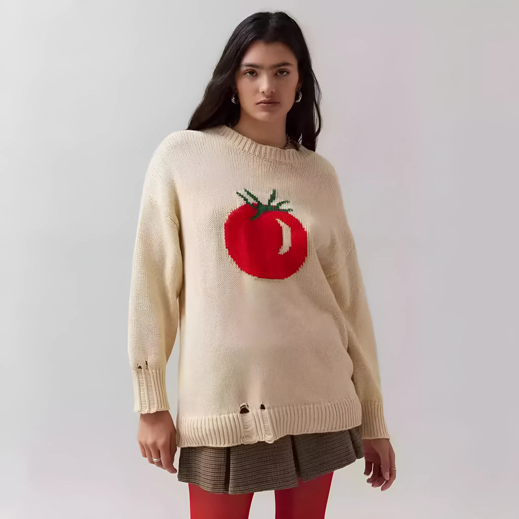Women's loose-fitting Milky White acrylic pullover sweater with Jacquard pattern and round neck.