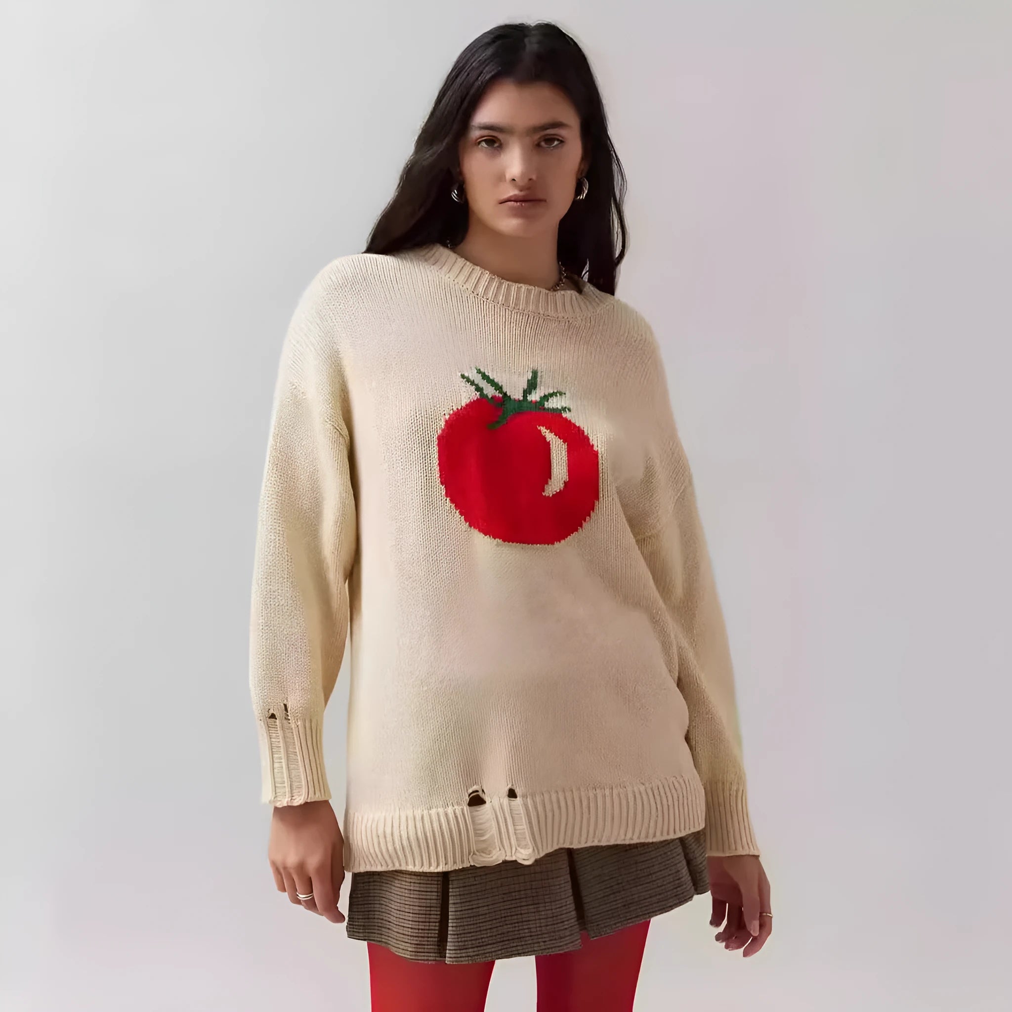 Women's loose-fitting Milky White acrylic pullover sweater with Jacquard pattern and round neck.