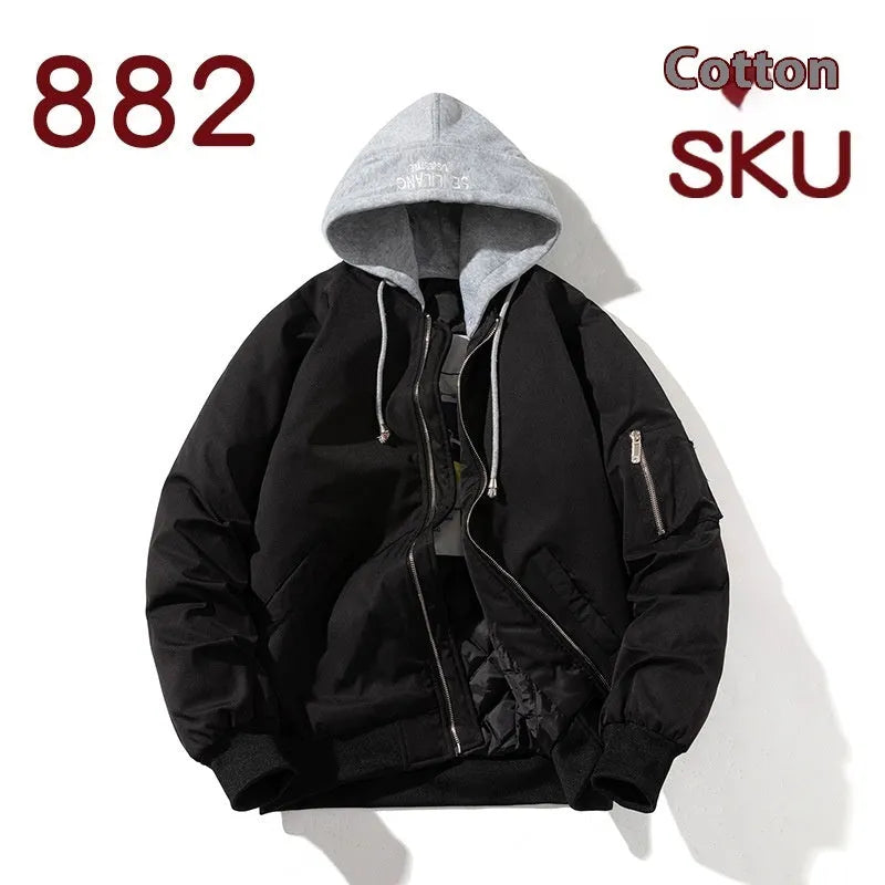 Men's loose-fit black pilot jacket with matching cotton-lined hat, shown on a model.
