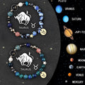 Two natural stone beaded bracelets with zodiac charms on an adjustable cord, showing the 12 style options.