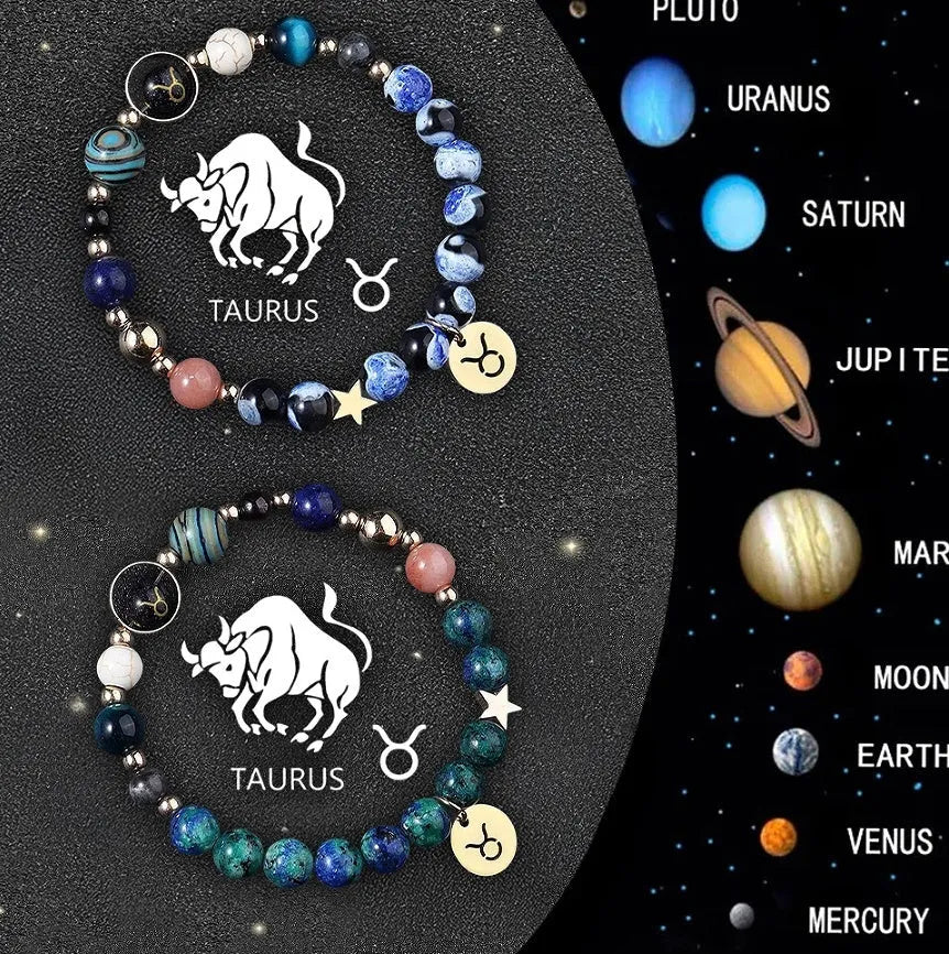 Two natural stone beaded bracelets with zodiac charms on an adjustable cord, showing the 12 style options.
