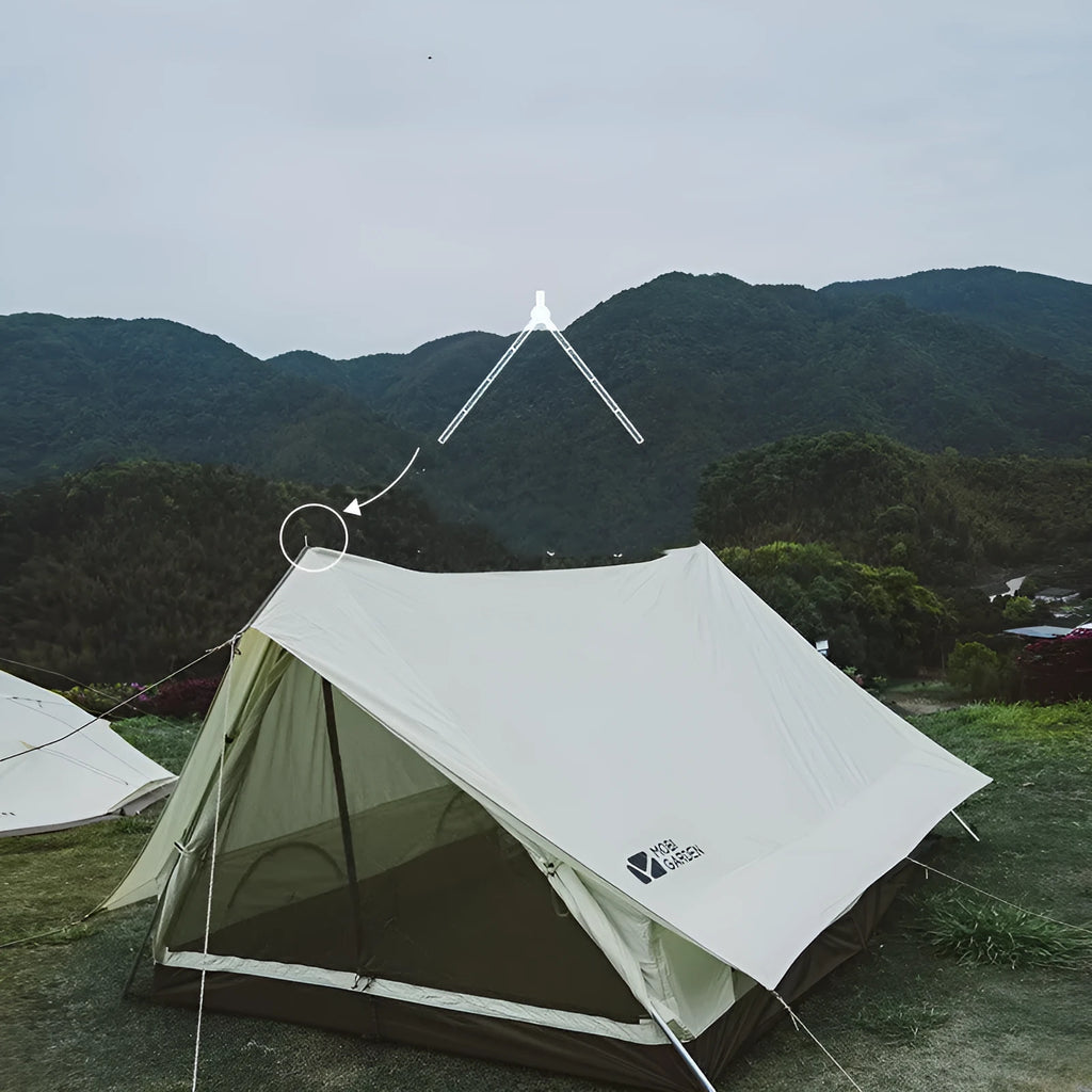 Large family camping tent in mountain green and ivory white with aluminium poles and Oxford base
