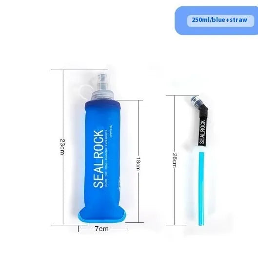 Flexible plastic suction straw with silicone mouthpiece, shown extended and collapsed next to a cycling water bottle.