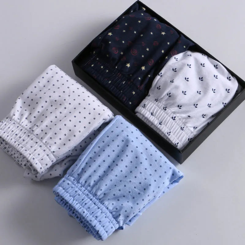 Men's low waist cotton underpants in navy blue stars, blue dot, white clover and white dot, sizes M to XXL