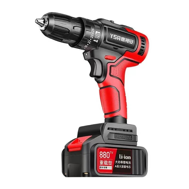 Brushless electric drill with 10mm chuck, 21V rechargeable battery, and impact function on white background