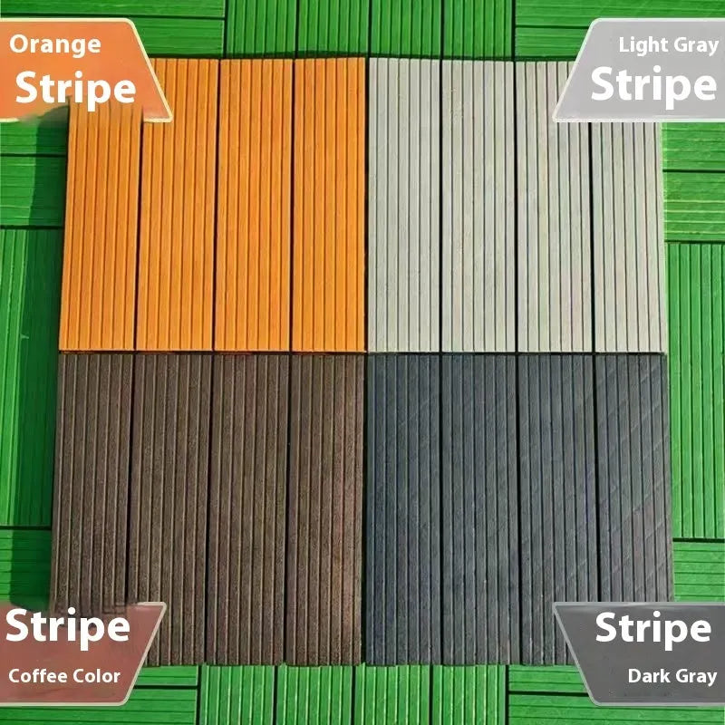 Plastic interlocking floor tiles in wood grain pattern, showing brown and grey colour options.