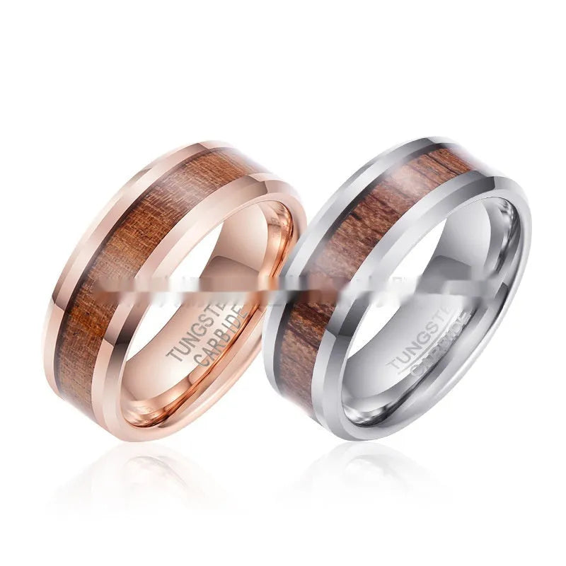 Men's 8mm Ugyen ring with wood and leather inlay in rose gold plating