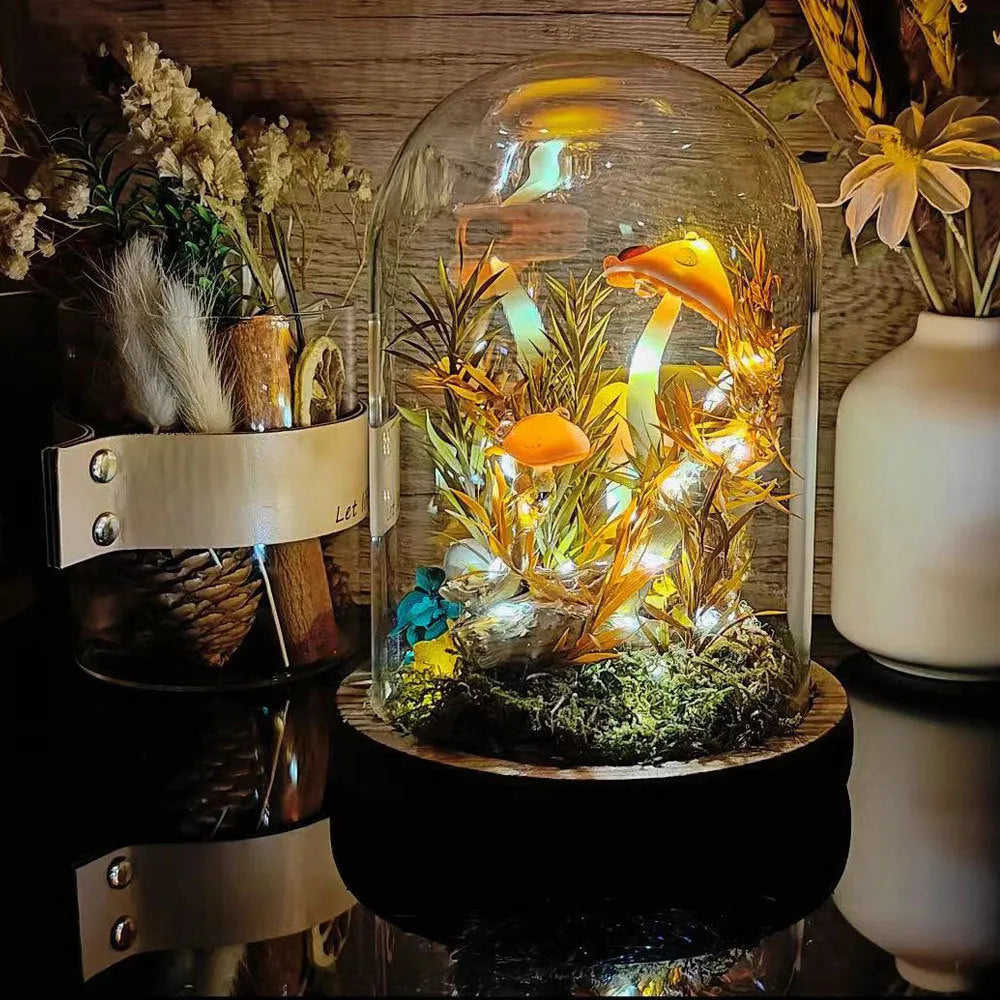 Handmade mushroom creative small night lamp with glass cover cylindrical shape, multicolor, 13x13x24cm, built-in battery