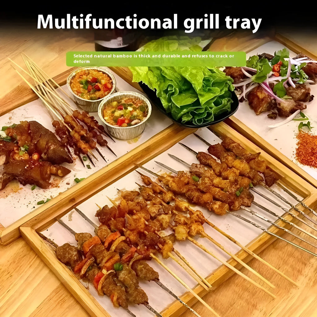 Brown-handled bamboo serving tray with solid colour pastoral design for barbecue shops