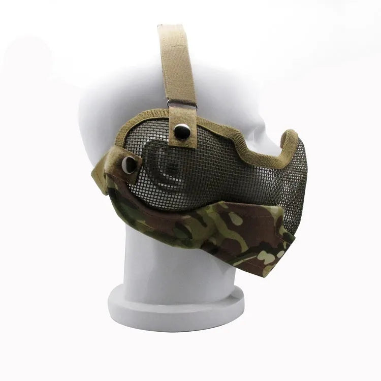 Carbon steel mesh face mask in black with head-mounted straps for outdoor anti-collision use