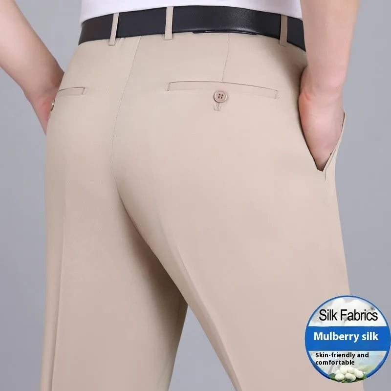 Men's straight leg business trousers in a mulberry silk blend fabric, shown in a dark blue colour.