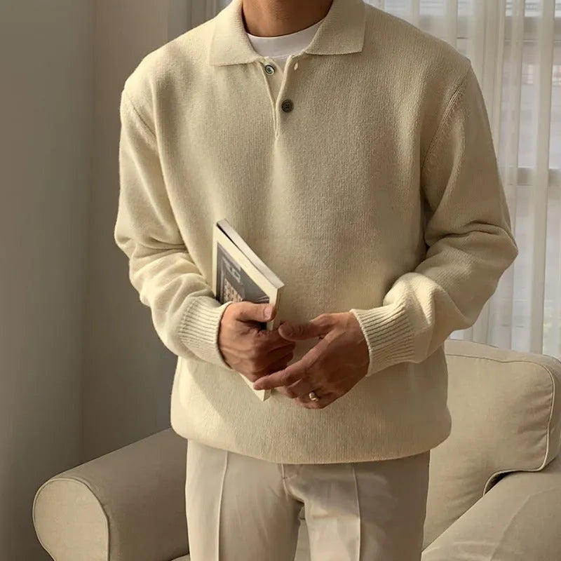 Men's loose fit lapel polo sweater in beige polyester fibre with long sleeves and pullover design