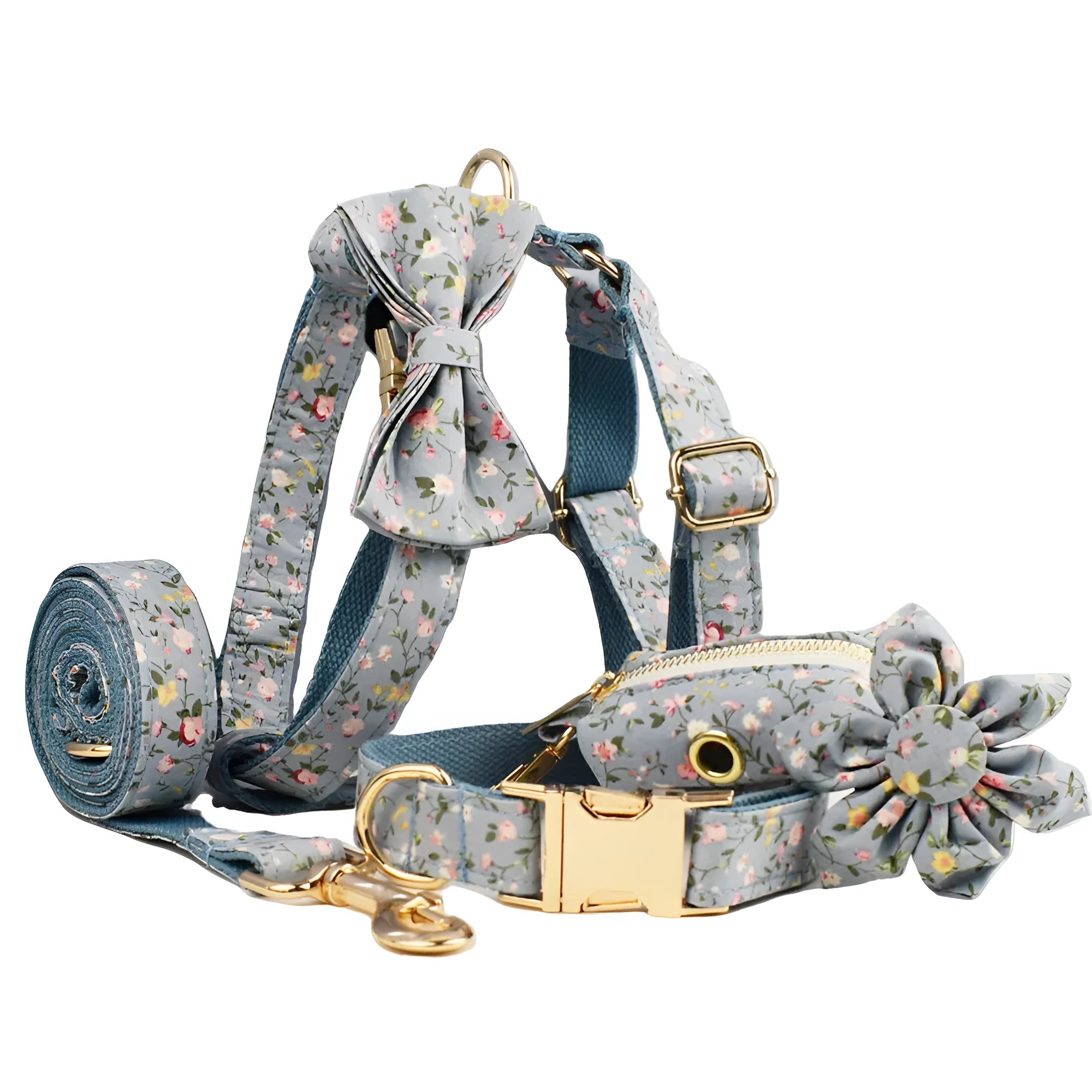 Blue floral patterned dog collar set with leash, bow tie, vest, and poop bag on a white background