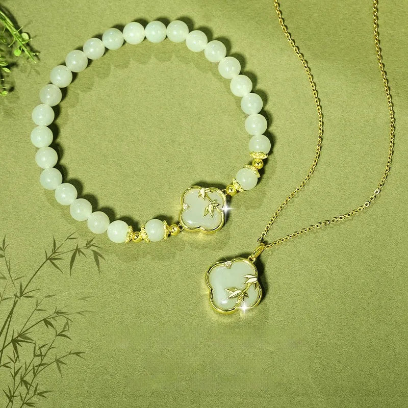 Hetian jade festival bracelet and necklace set with inlaid leaf design in national style