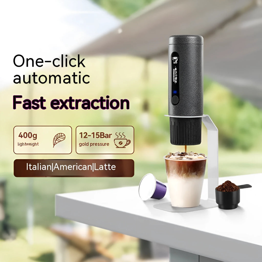 Portable coffee machine in Camping Jungle colour with compact design for travel and outdoor use