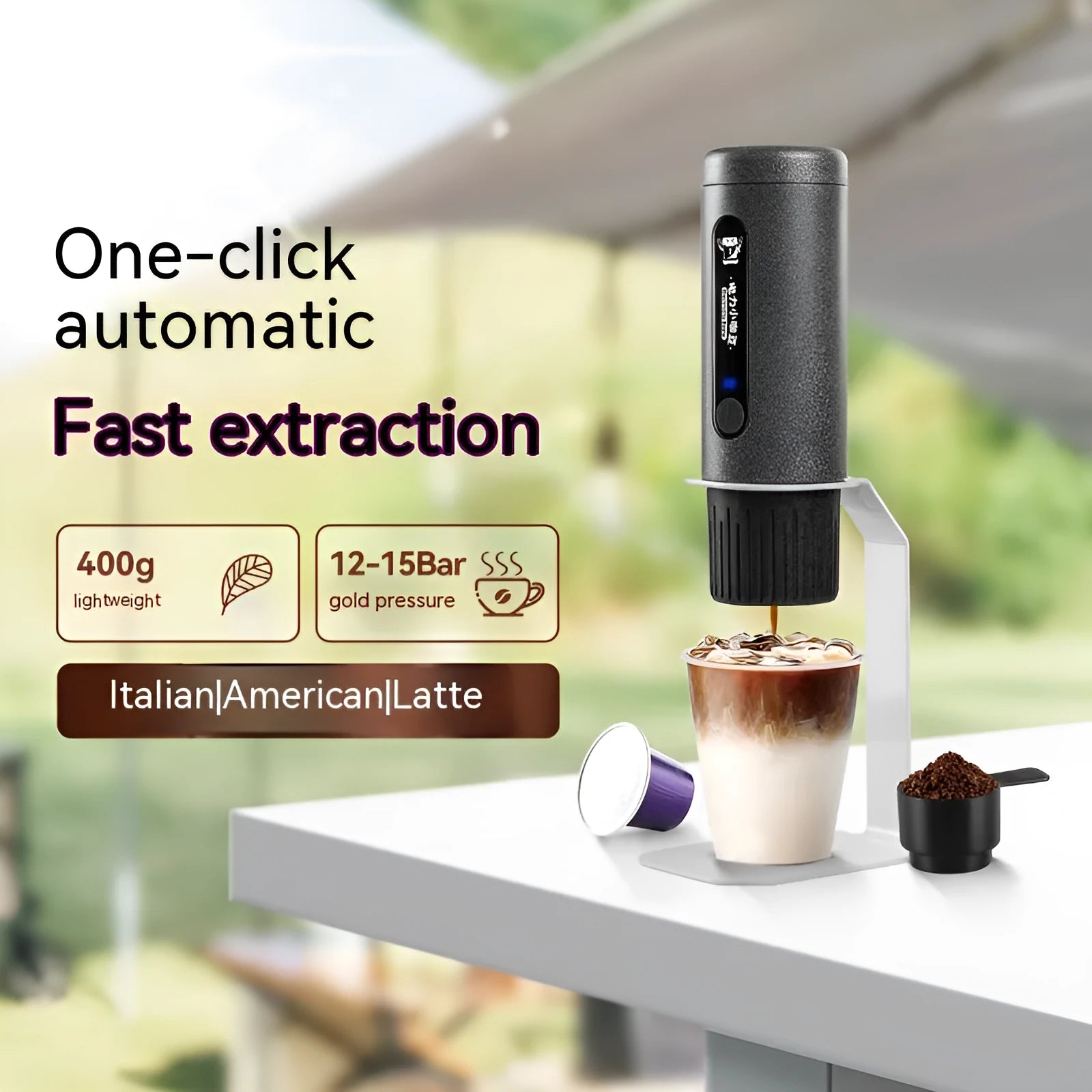 Portable coffee machine in Camping Jungle colour with compact design for travel and outdoor use