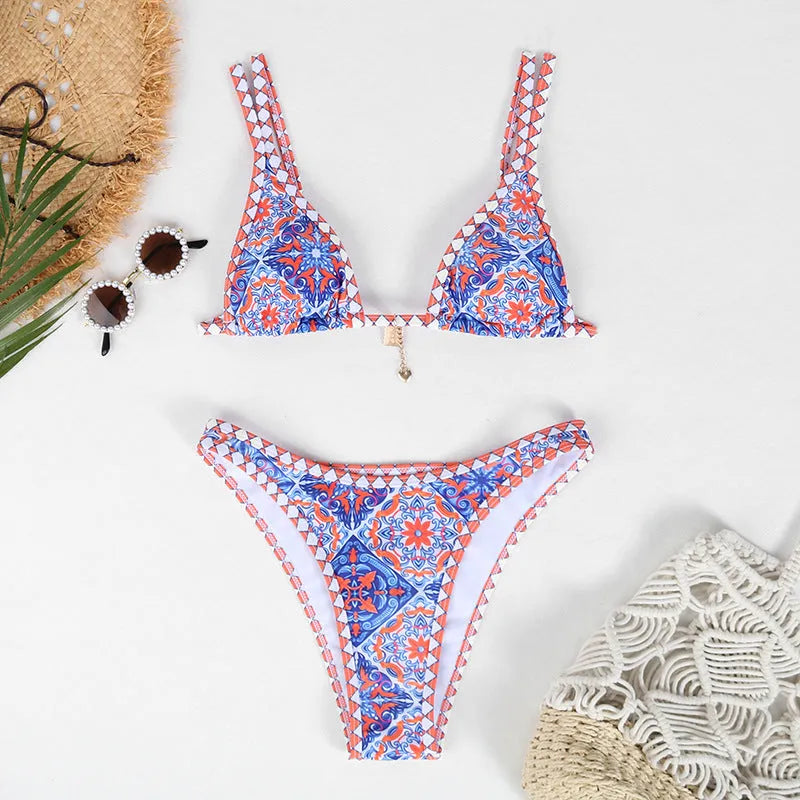 Women's retro printed bikini swimwear in orange pink black blue colours for swimming sports