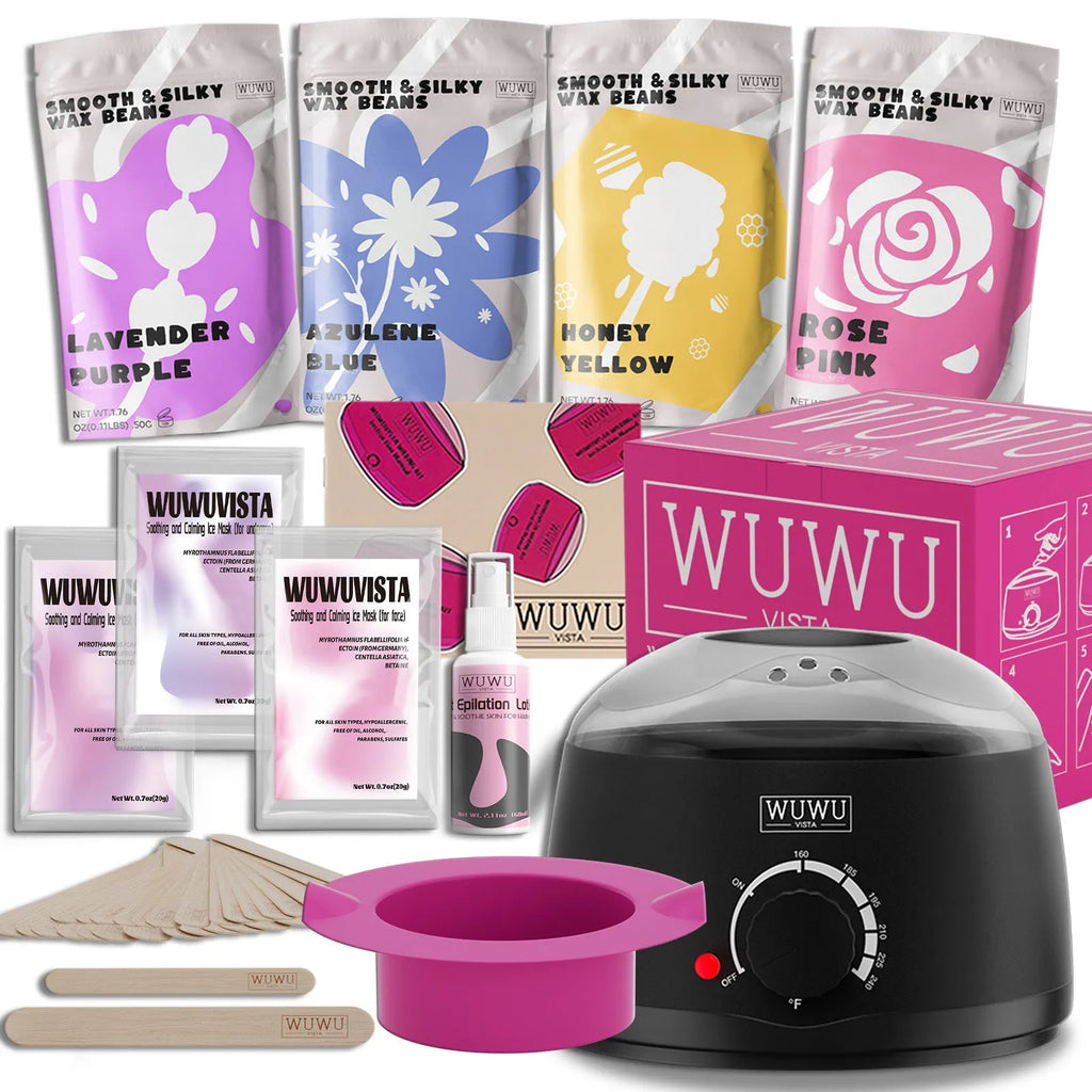 29-piece hard wax hair removal kit with black wax warmer, wax beads, applicator sticks, and aftercare products