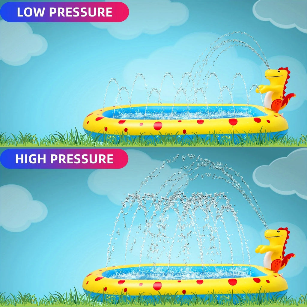 Blue dinosaur and shark themed water spray pool for kids outdoor play measuring 170cm long