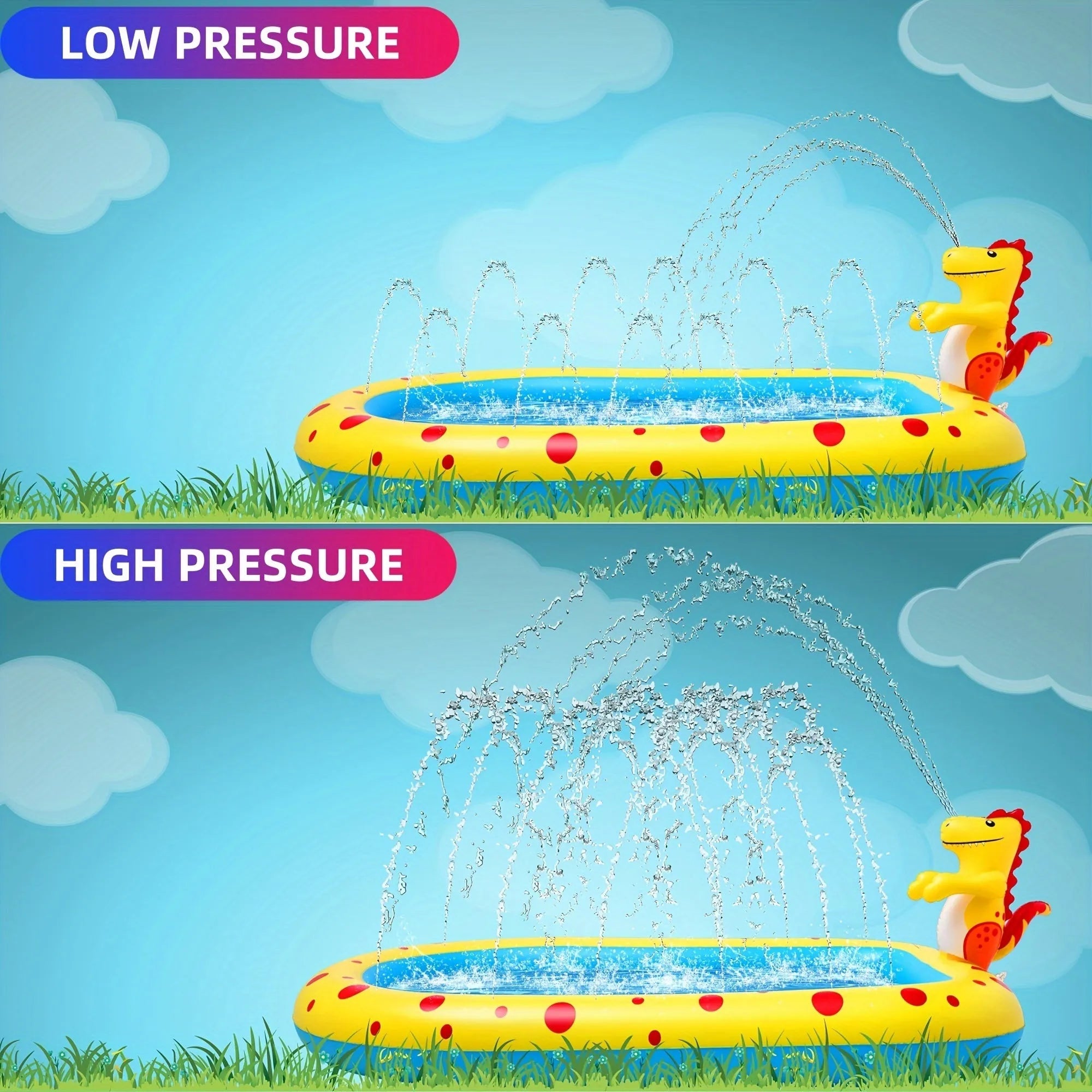 Blue dinosaur and shark themed water spray pool for kids outdoor play measuring 170cm long