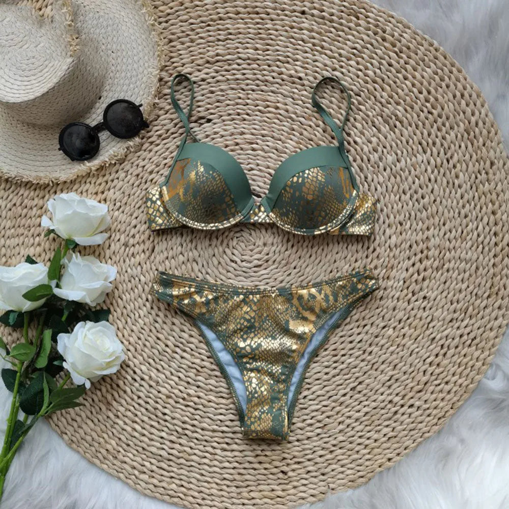 Women's green polyester push up bronzing split bikini swimsuit with bra top and shorts