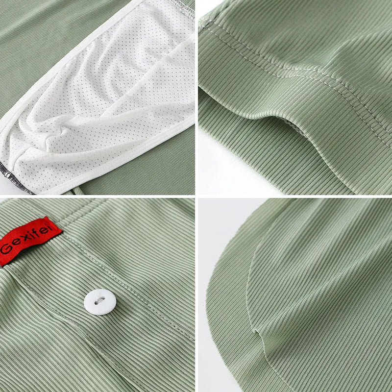 Men's ice silk breathable seamless athletic shorts in green, loose fit, mid waist polyester underwear