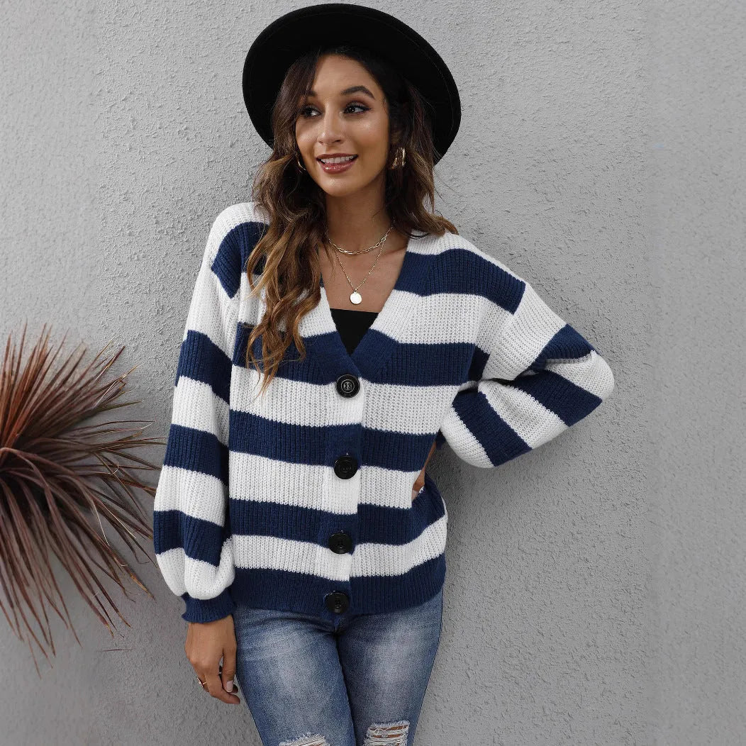 Women's striped deer plush cardigan sweater with buttons in dark green.