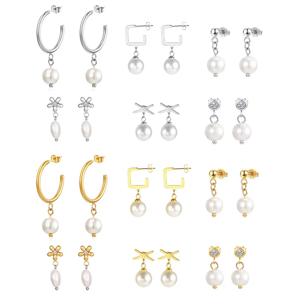 Women's gold titanium steel C-shaped earrings with pearl inlay flower design on white background