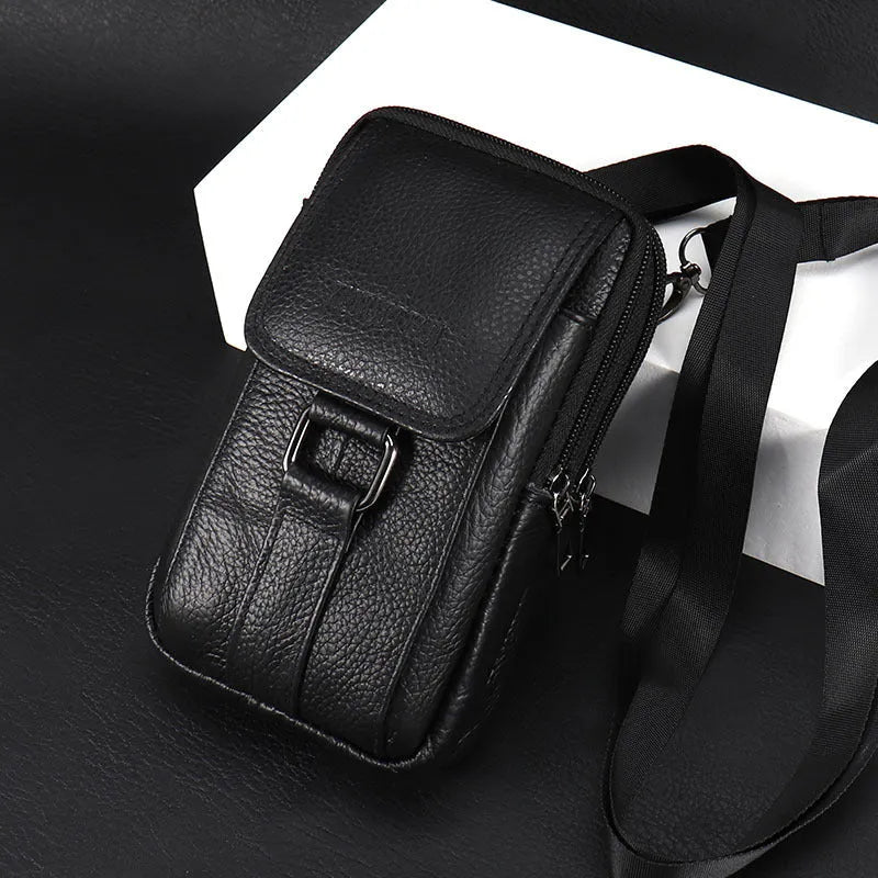 Leather men's mobile phone waist bag in black small size, first-layer cowhide, square vertical shape with sewing line detail