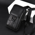 Leather men's mobile phone waist bag in black small size, first-layer cowhide, square vertical shape with sewing line detail