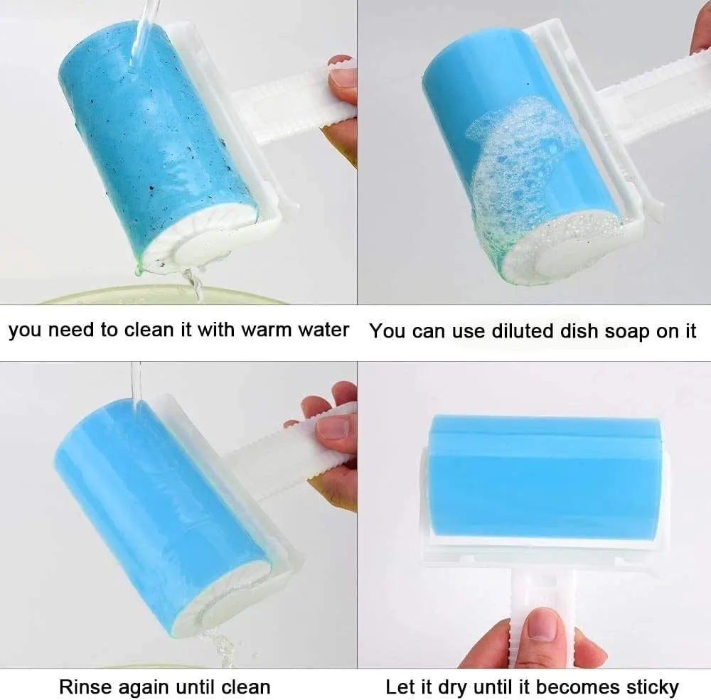 Washable reusable lint roller for pet hair removal in blue, green, pink, or yellow with cover