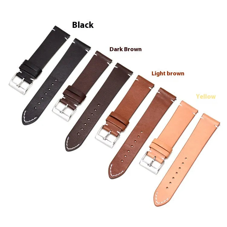 Leather watch strap with stainless steel pin buckle, available in black, dark brown, light brown, or yellow, 12mm to 24mm width, 2mm thick.