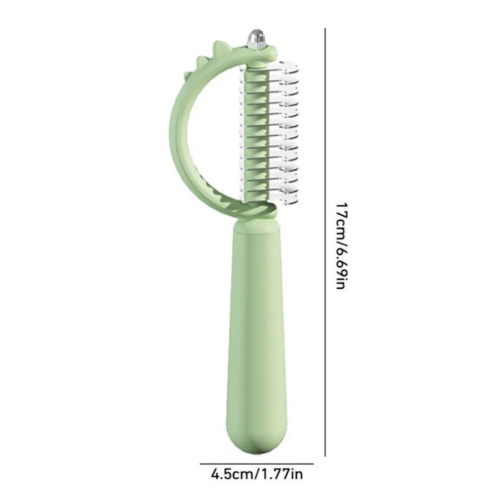 Blue dinosaur-shaped self-cleaning cat grooming brush with double-sided stainless steel pins