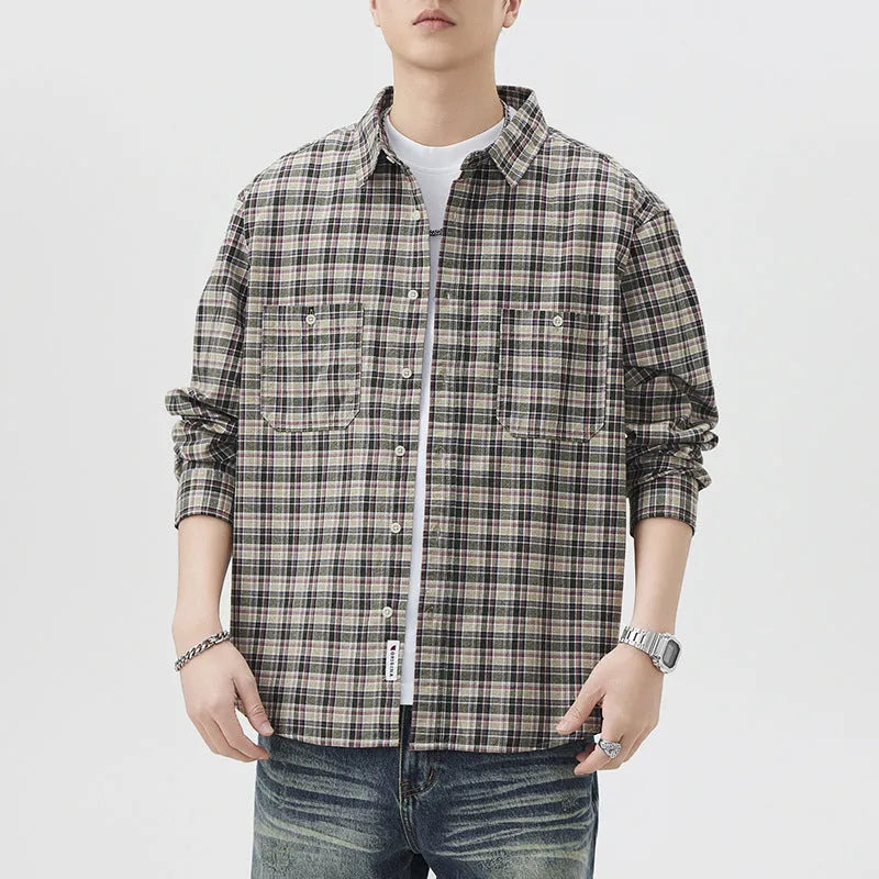 Mens blue grid plaid cotton long sleeve shirt loose fit cardigan coat