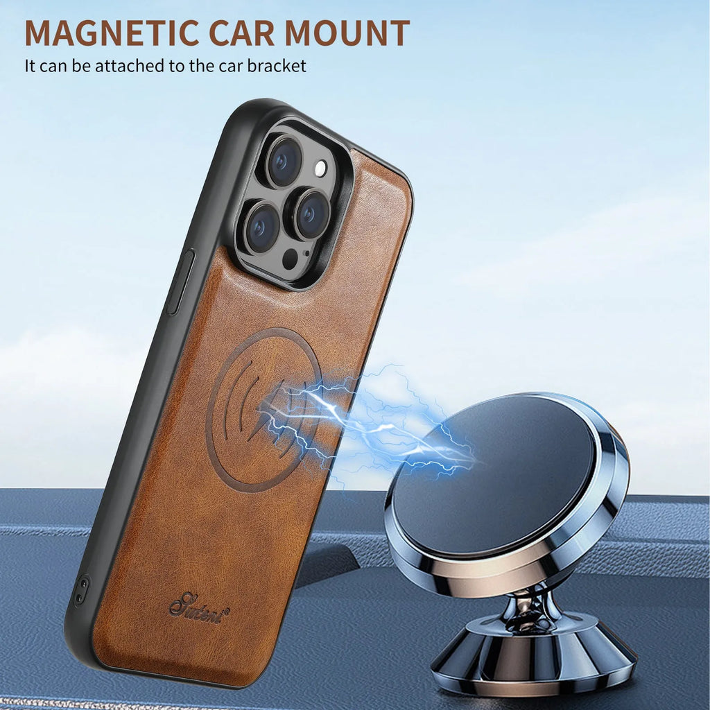 MagSafe compatible silicone iPhone case with magnetic card holder on back in oil wax pattern finish