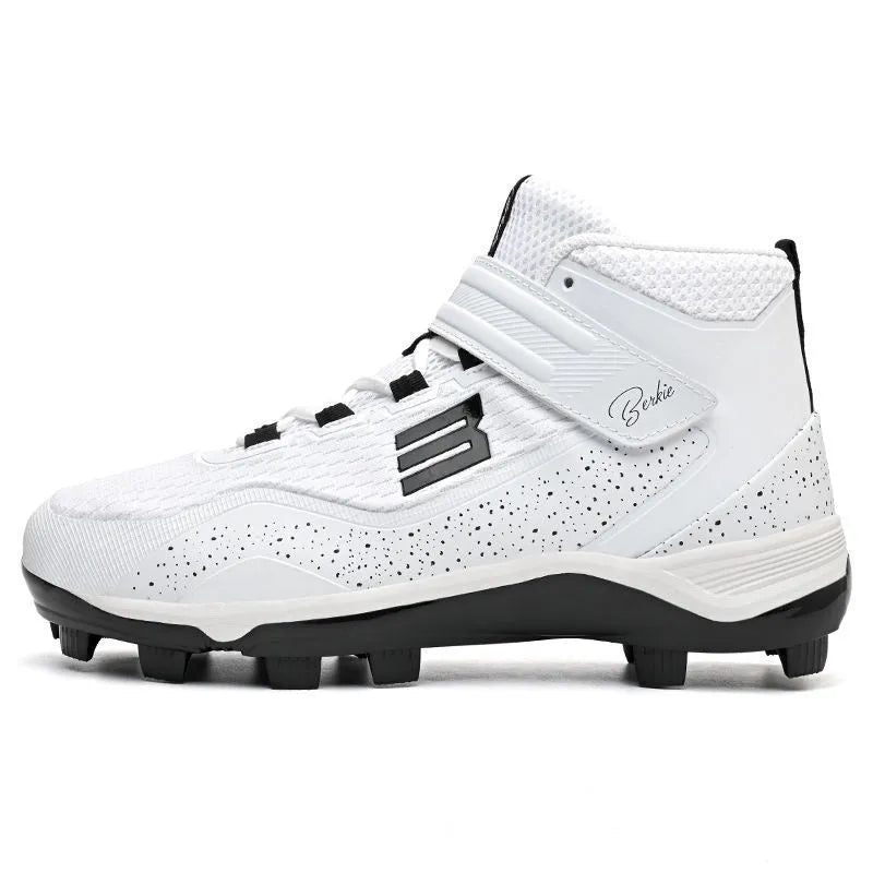 Black and white unisex adult baseball training sneakers with Velcro strap and wear-resistant rubber sole.