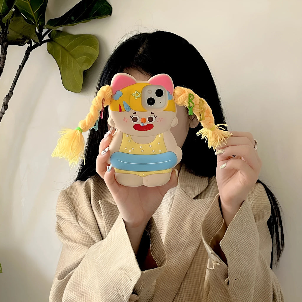 Cartoon yellow braid swim ring girl silicone phone case for iPhone, anti-fall protective cover