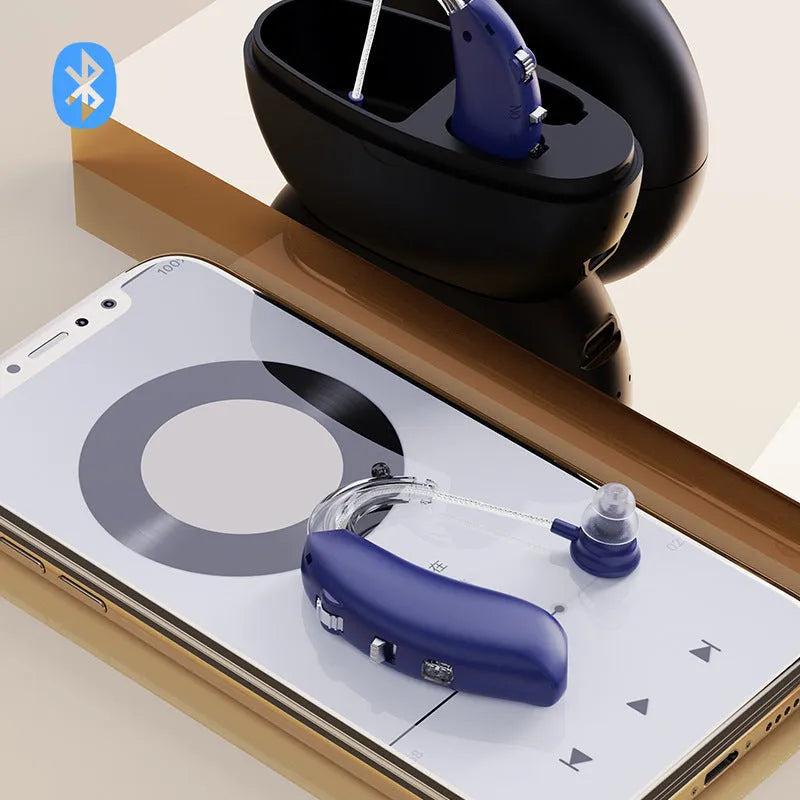 Digital Bluetooth hearing aid in skin colour with Type-C charging cable for elderly users