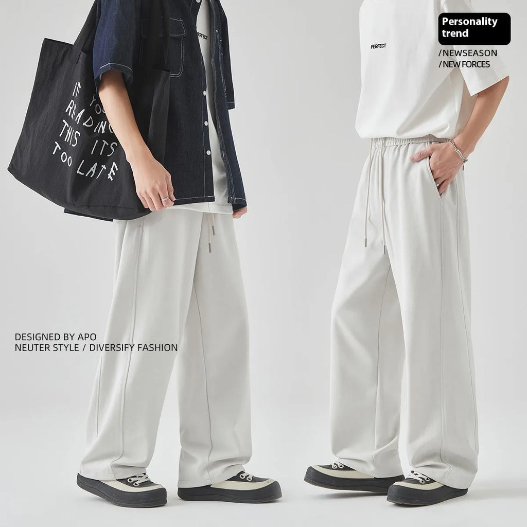 Men's loose straight-leg trousers with lace-up front detail in cotton blend fabric