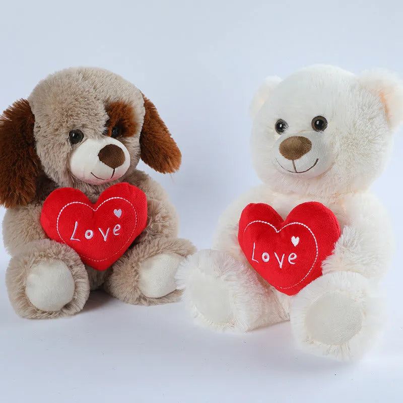 Cute heart-hugging teddy bear plush toy in brown, 30cm tall, standing on a white background