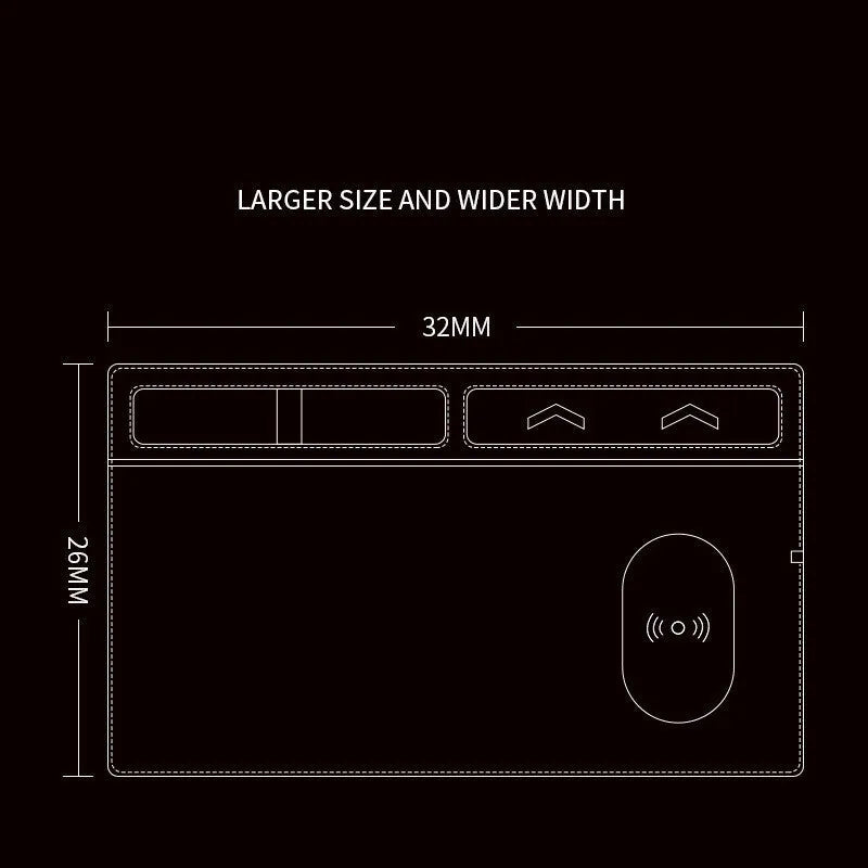 Wireless charging mouse pad with phone holder in black, showing USB cable and 320mm by 260mm size.